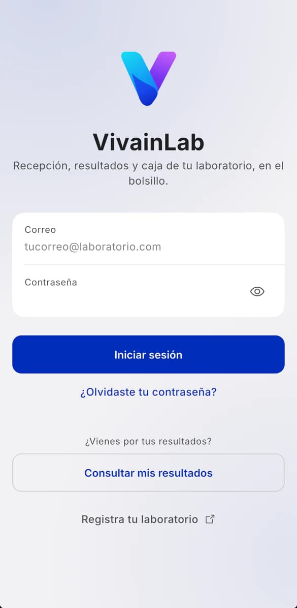 Acceso real de la aplicación móvil de Vivainlab con la opción para consultar resultados