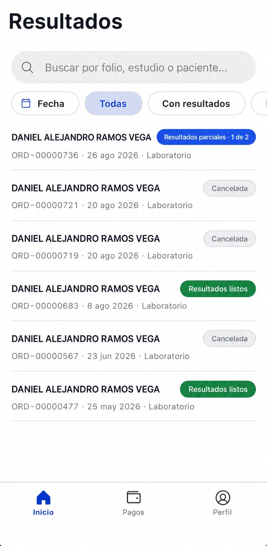 Historial del paciente en la aplicación móvil: cada orden con su folio, su fecha y si sus resultados ya están listos