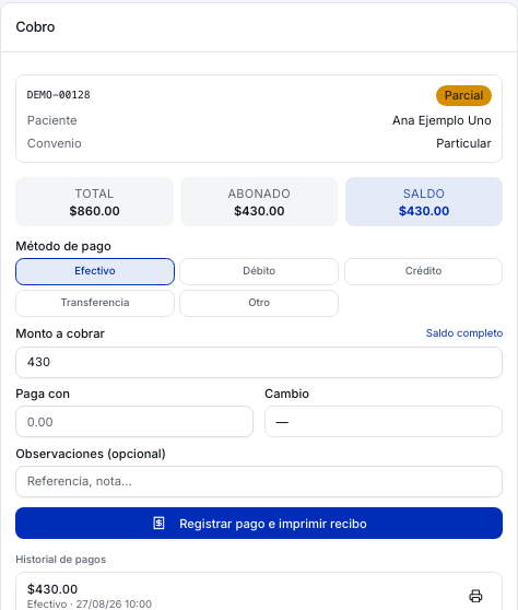 Detalle de cobro parcial de una orden ficticia